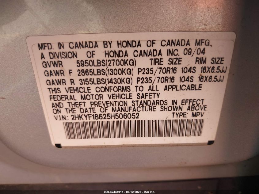 2005 Honda Pilot Ex-L VIN: 2HKYF18625H506052 Lot: 42441911