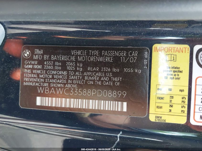 2008 BMW 328Xi Xi Sulev VIN: WBAWV53588PB08899 Lot: 42442016
