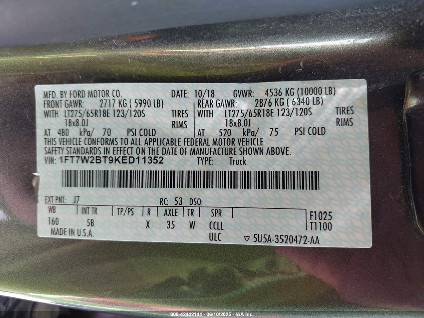 2019 FORD F-250 VIN: 1FT7W2BT9KED11352