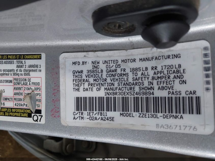 2005 Toyota Corolla Ce/Le/S VIN: 1NXBR30EX5Z459894 Lot: 42442168