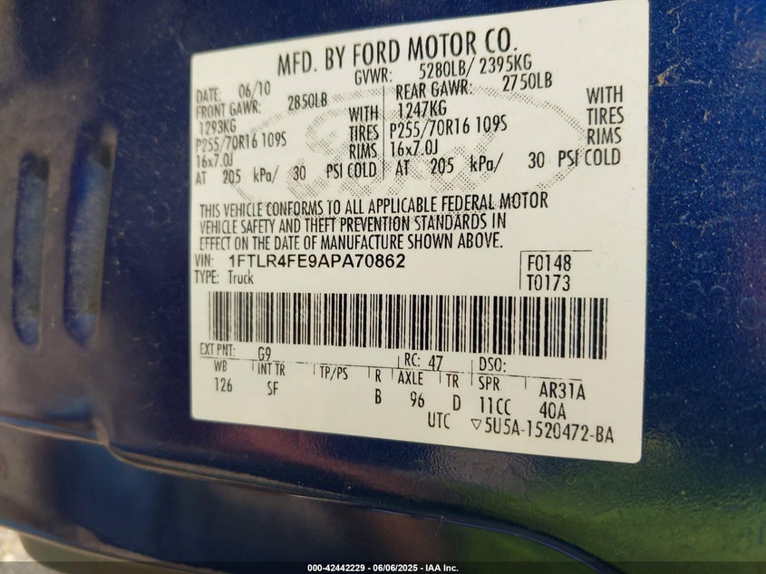 2010 FORD RANGER VIN: 1FTLR4FE9APA70862