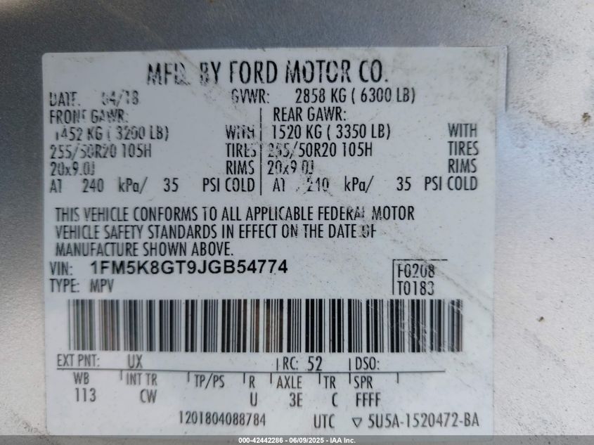 2018 FORD EXPLORER SPORT - 1FM5K8GT9JGB54774