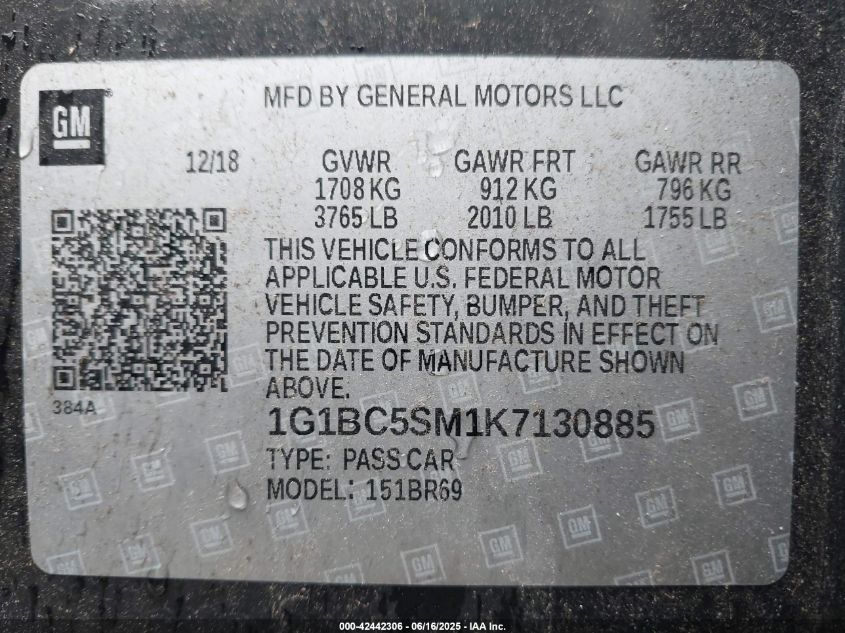 2019 Chevrolet Cruze Ls VIN: 1G1BC5SM1K7130885 Lot: 42442306