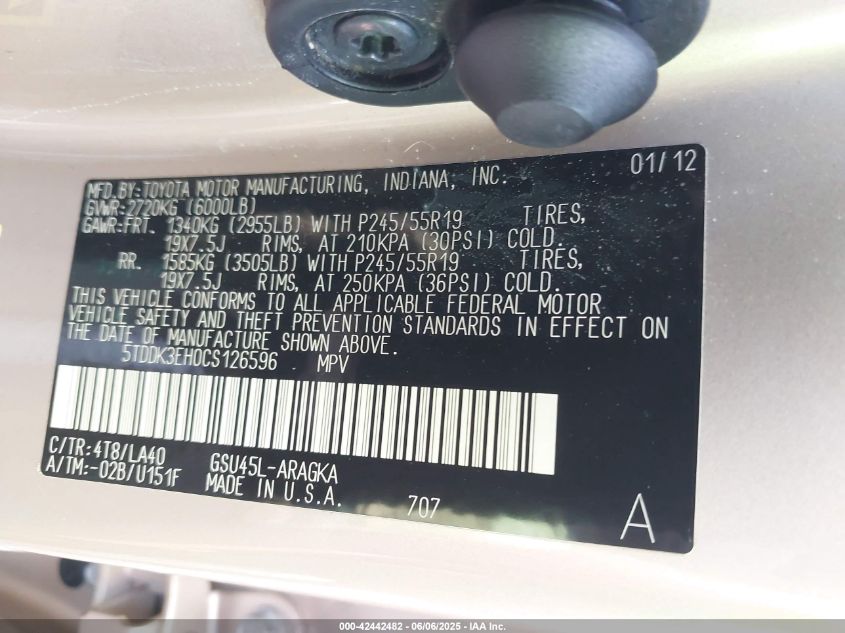 2012 Toyota Highlander Limited V6 VIN: 5TDDK3EH0C5126596 Lot: 42442482