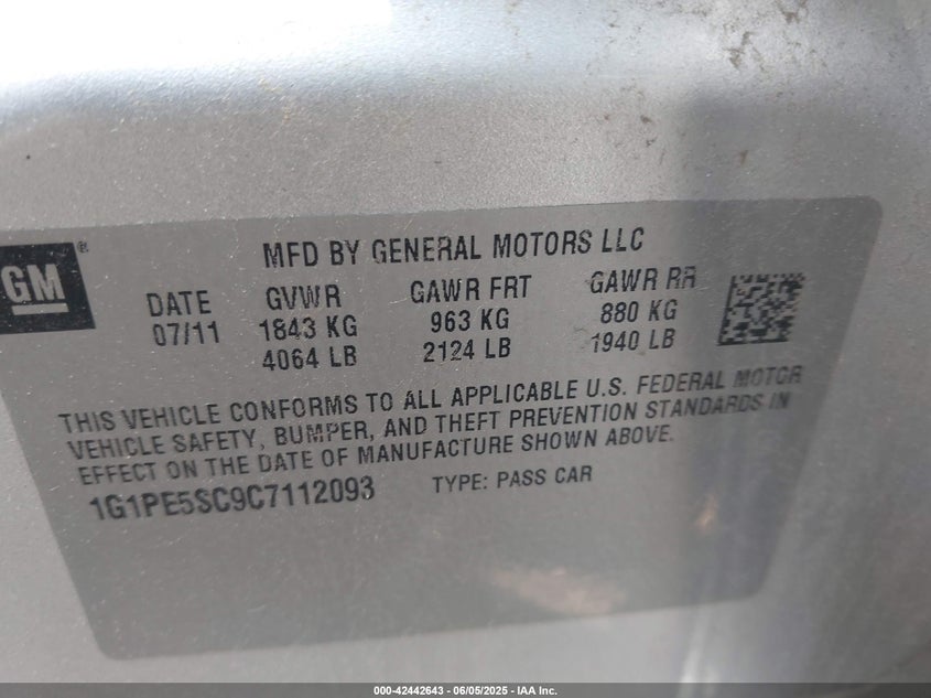 2012 CHEVROLET CRUZE VIN: 1G1PE5SC9C7112093