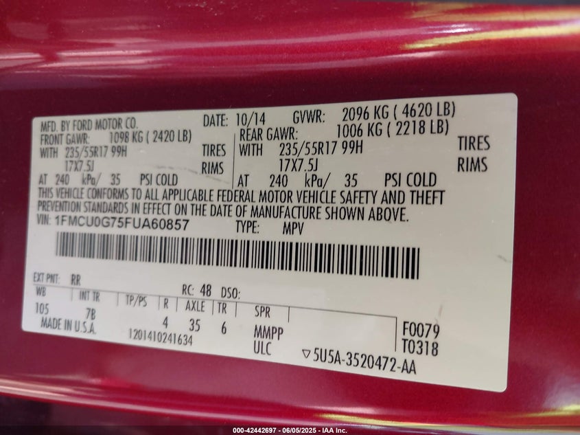 2015 FORD ESCAPE VIN: 1FMCU0G75FUA60857