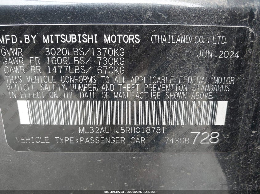 VIN ML32AUHJ5RH018781 2024 MITSUBISHI MIRAGE ES/LE