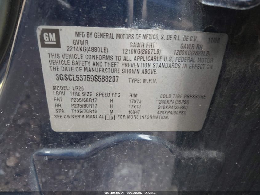 2009 Saturn Vue VIN: 3GSCL53759S58820 Lot: 42442731