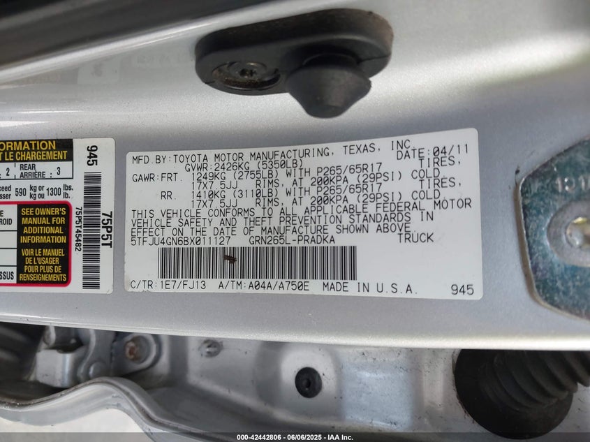 2011 Toyota Tacoma Prerunner V6 VIN: 5TFJU4GN6BX011127 Lot: 42442806