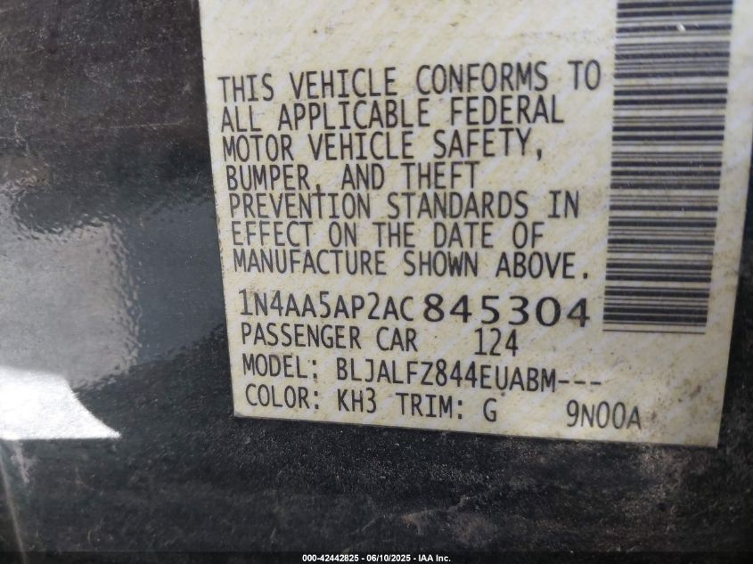 2010 Nissan Maxima 3.5 Sv VIN: 1N4AA5AP2AC845304 Lot: 42442825