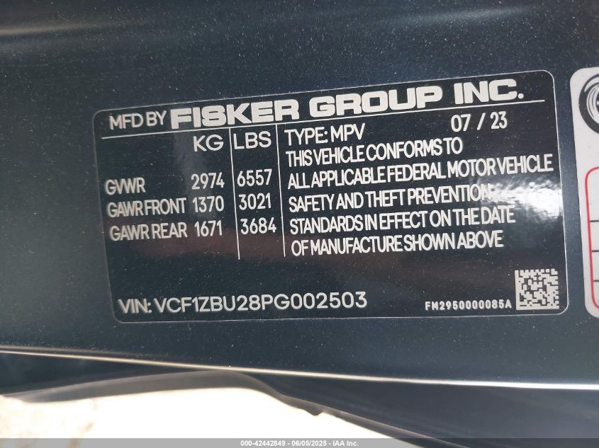 2023 Fisker Ocean One VIN: VCF1ZBU28PG002503 Lot: 42442849