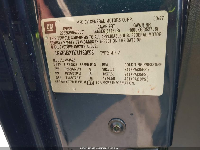 2007 GMC Acadia Slt-1 VIN: 1GKEV337X7J139093 Lot: 42442955