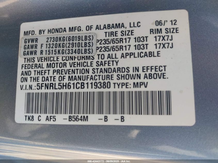 2012 Honda Odyssey Ex-L VIN: 5FNRL5H61CB119380 Lot: 42443172