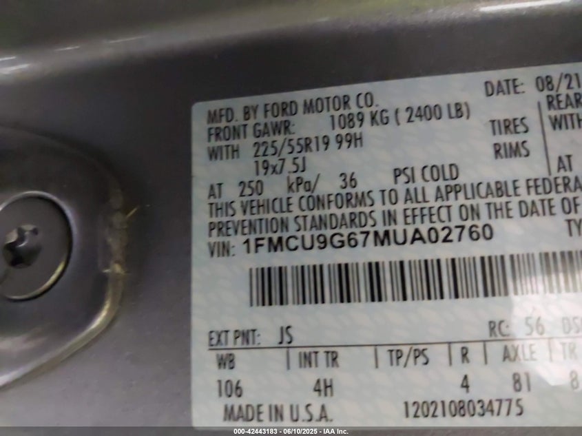 2021 FORD ESCAPE VIN: 1FMCU9G67MUA02760