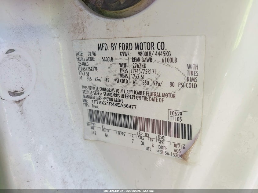2008 FORD F-250 VIN: 1FTSX21R48EA36477