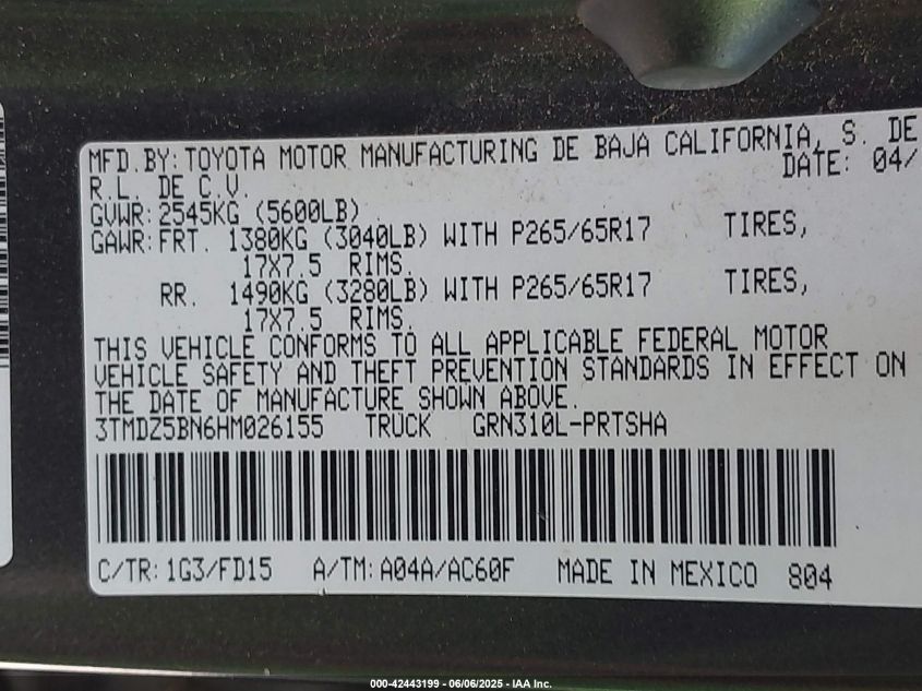 2017 Toyota Tacoma Trd Sport VIN: 3TMDZ5BN6HM026155 Lot: 42443199