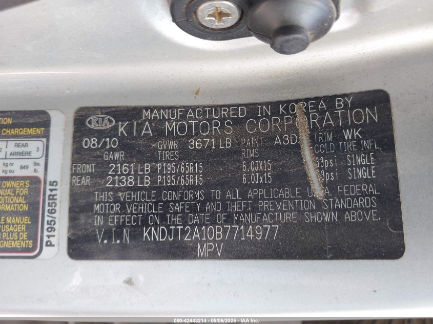 2011 Kia Soul VIN: KNDJT2A10B7714977 Lot: 42443214