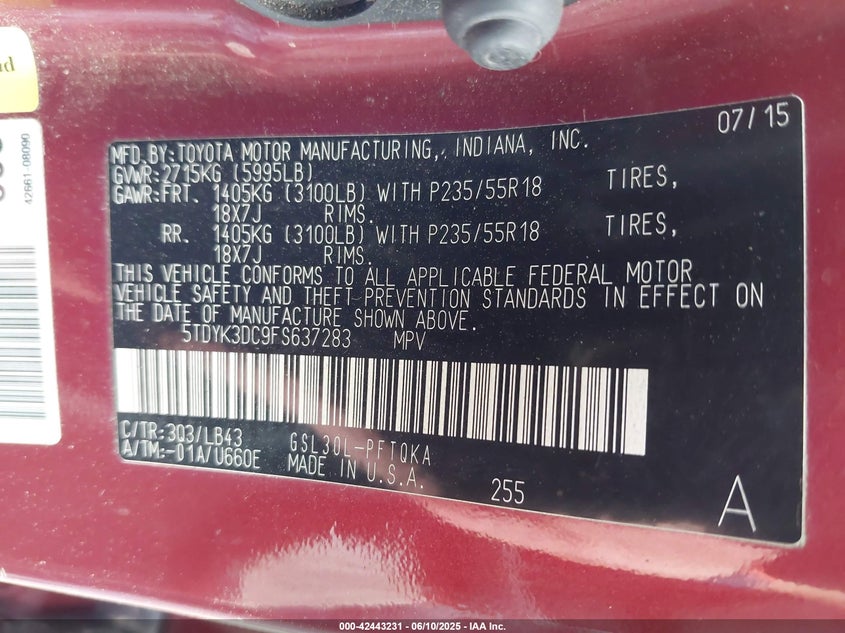 2015 TOYOTA SIENNA LIMITED 7 PASSENGER - 5TDYK3DC9FS637283