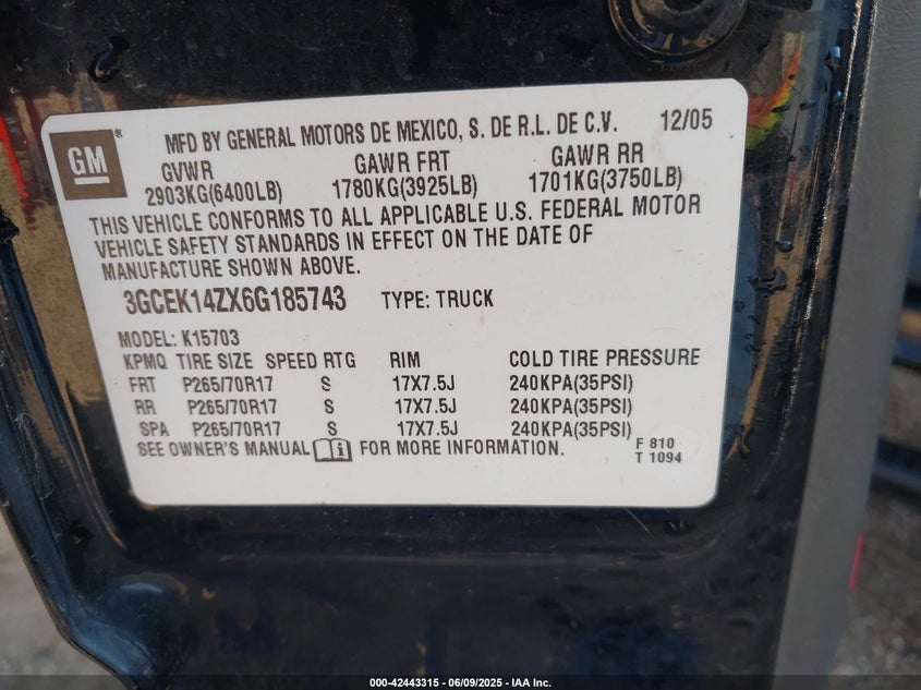 2006 Chevrolet Silverado 1500 Lt1 VIN: 3GCEK14ZX6G185743 Lot: 42443315