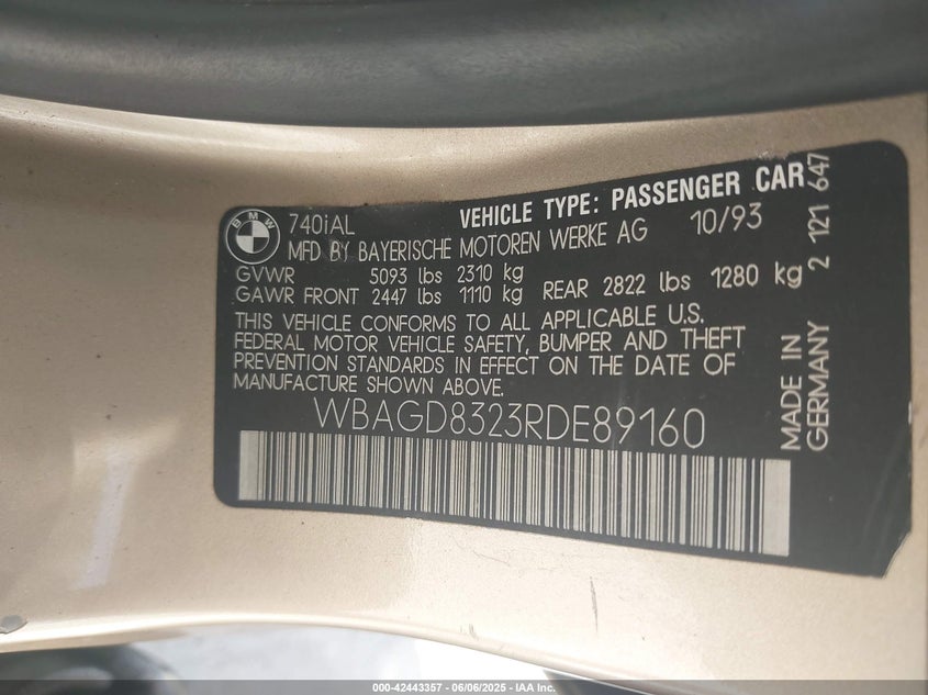1994 BMW 740 Il Automatic VIN: WBAGD8323RDE89160 Lot: 42443357