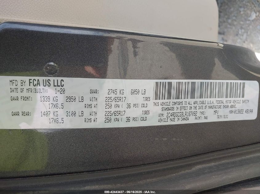 2020 Dodge Grand Caravan Sxt VIN: 2C4RDGCG9LR167092 Lot: 42443437