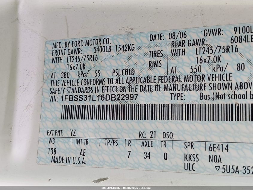 2006 Ford E-350 Super Duty Xl/Xlt VIN: 1FBSS31L16DB22997 Lot: 42443537