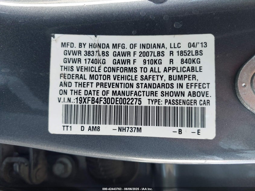 2013 HONDA CIVIC HYBRID VIN: 19XFB4F30DE002275