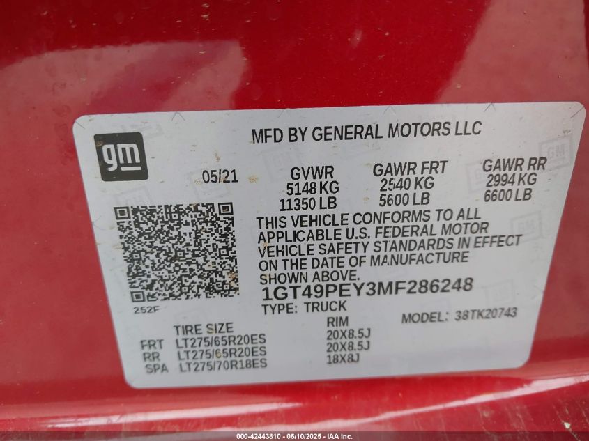 2021 GMC Sierra - 1GT49PEY3MF286248