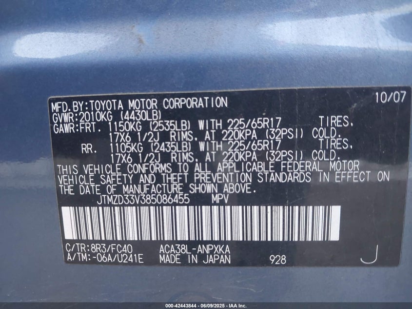 2008 TOYOTA RAV4 VIN: JTMZD33V385086455