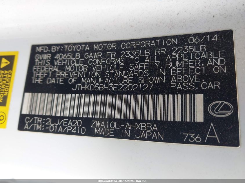 2014 Lexus Ct VIN: JTHKD5BH3E2202127 Lot: 42443994