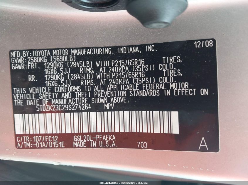 2009 Toyota Sienna Le VIN: 5TDZK23C29S274264 Lot: 42444052