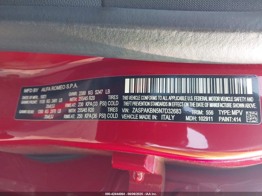 2022 ALFA ROMEO STELVIO VIN: ZASPAKBN5N7D32683
