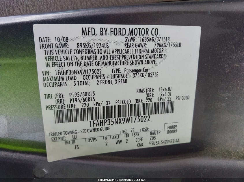 2009 FORD FOCUS VIN: 1FAHP35NX9W175022