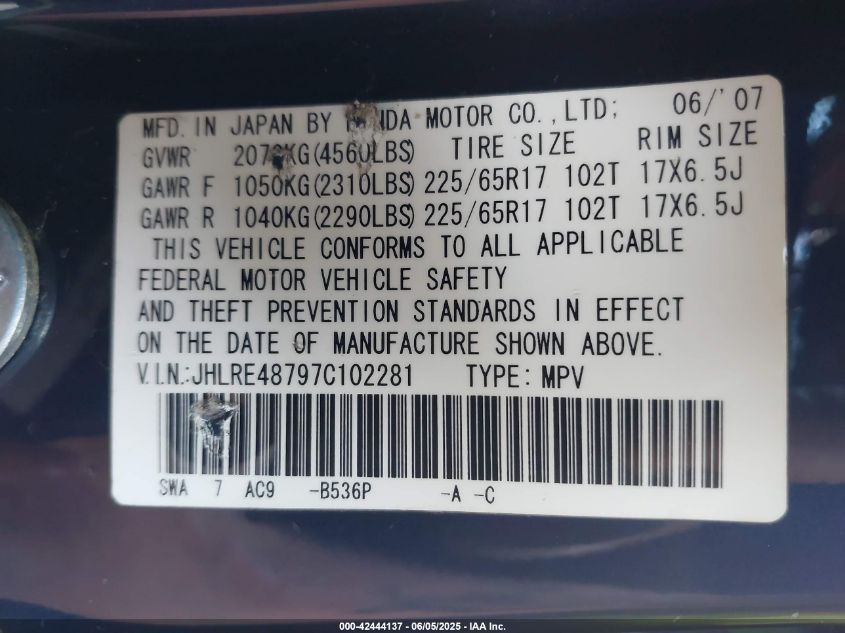 2007 Honda Cr-V Ex-L VIN: JHLRE48797C102281 Lot: 42444137