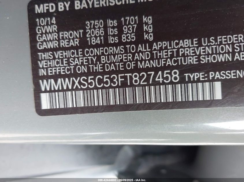 2015 Mini Hardtop Cooper VIN: WMWXS5C53FT827458 Lot: 42444680