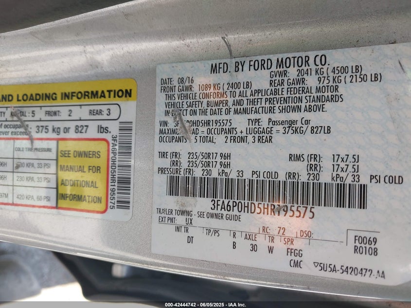 2017 FORD FUSION VIN: 3FA6P0HD5HR195575