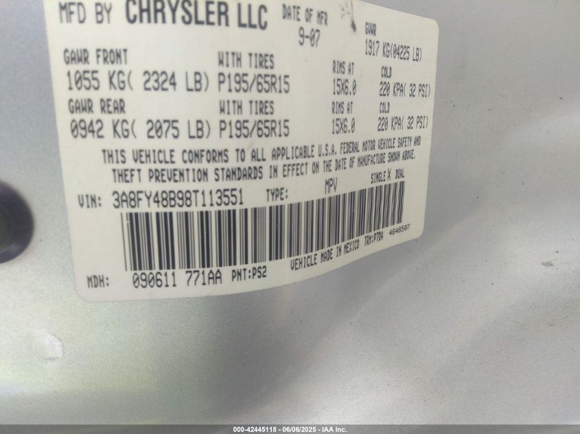 2008 Chrysler Pt Cruiser Lx VIN: 3A8FY48B98T113551 Lot: 42445118