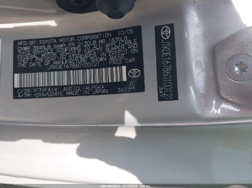 2006 Scion Tc VIN: JTKDE167860100121 Lot: 42445293