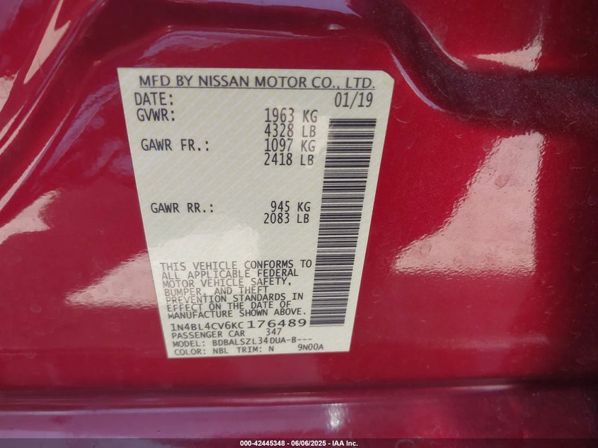 VIN 1N4BL4CV6KC176489 2019 NISSAN ALTIMA 2.5 SR