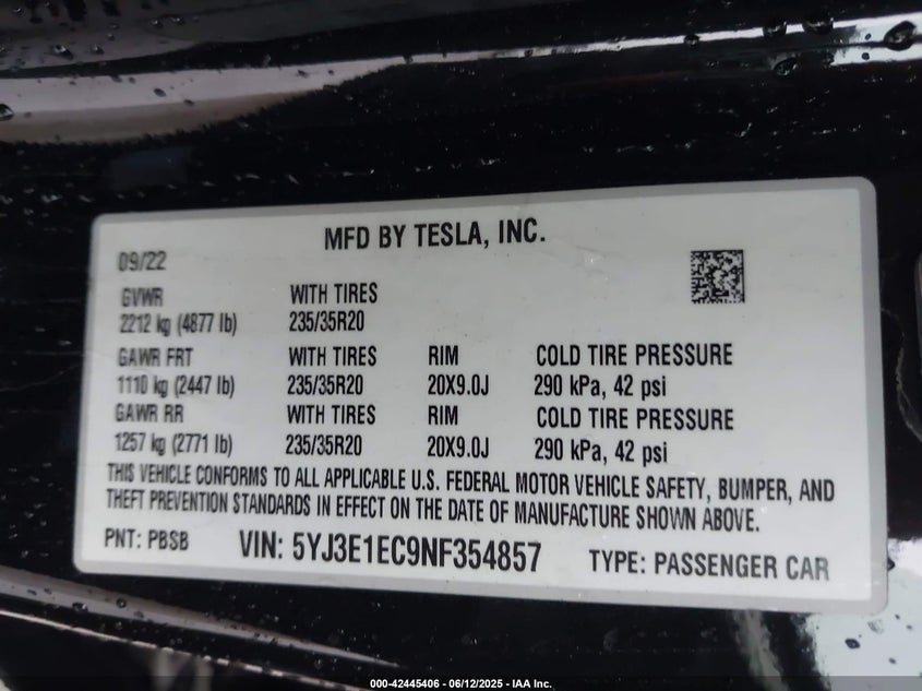 2022 Tesla Model 3 Performance Dual Motor All-Wheel Drive VIN: 5YJ3E1EC9NF354857 Lot: 42445406