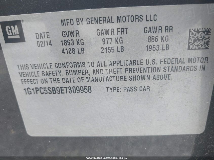 2014 Chevrolet Cruze 1Lt Auto VIN: 1G1PC5SB9E730995 Lot: 42445702