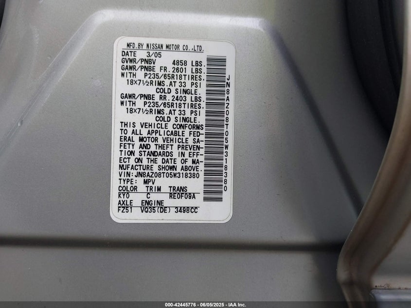 2005 Nissan Murano Sl VIN: JN8AZ08T05W318380 Lot: 42445776