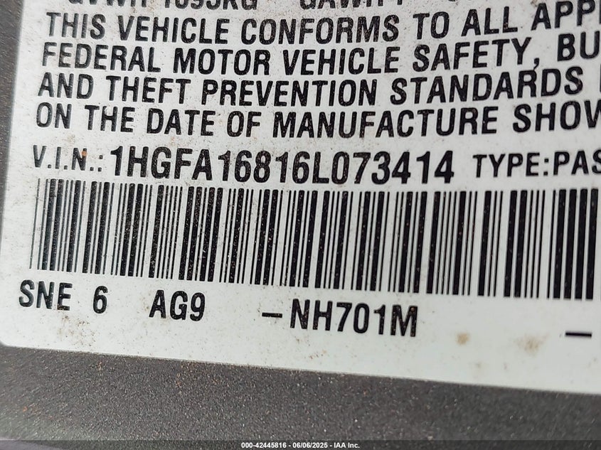 2006 HONDA CIVIC VIN: 1HGFA16816L073414