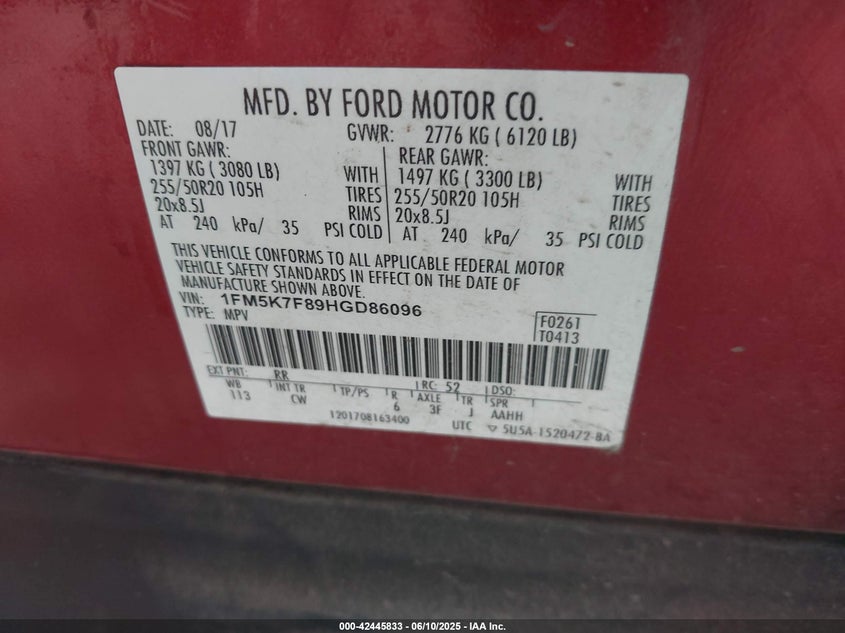 VIN 1FM5K7F89HGD86096 2017 FORD EXPLORER LIMITED