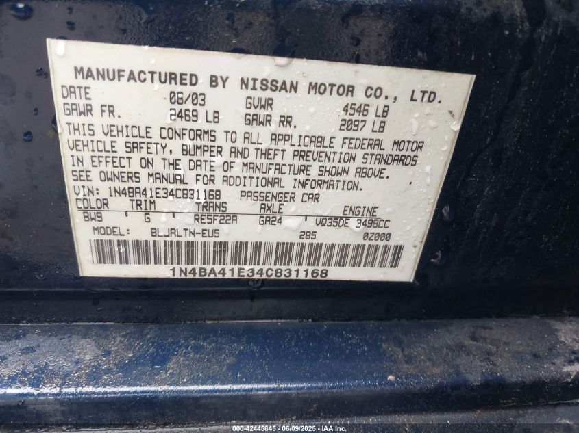 2004 Nissan Maxima 3.5 Se VIN: 1N4BA41E34C831168 Lot: 42445845