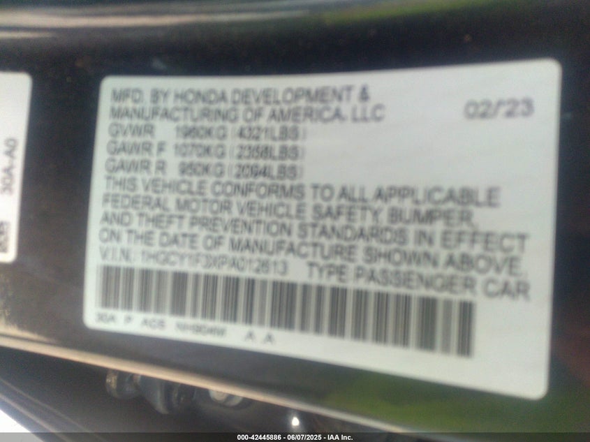 2023 HONDA ACCORD VIN: 1HGCY1F3XPA012613