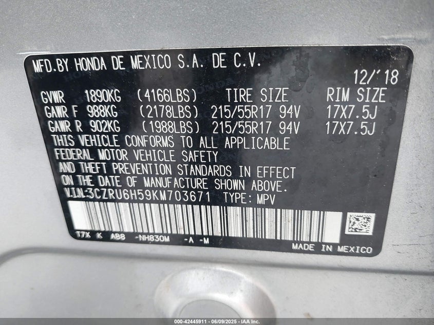 2019 HONDA HR-V VIN: 3CZRU6H59KM703671