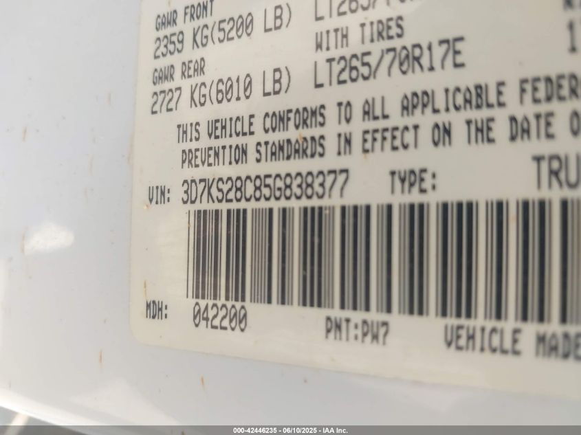 2005 Dodge Ram 2500 Slt/Laramie VIN: 3D7KS28C85G838377 Lot: 42446235