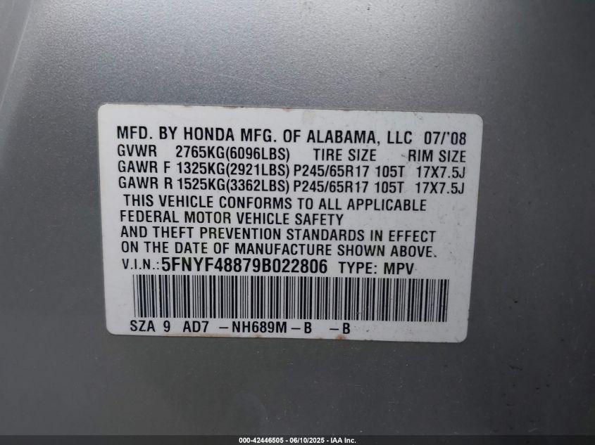 2009 Honda Pilot Touring VIN: 5FNYF48879B022806 Lot: 42446505