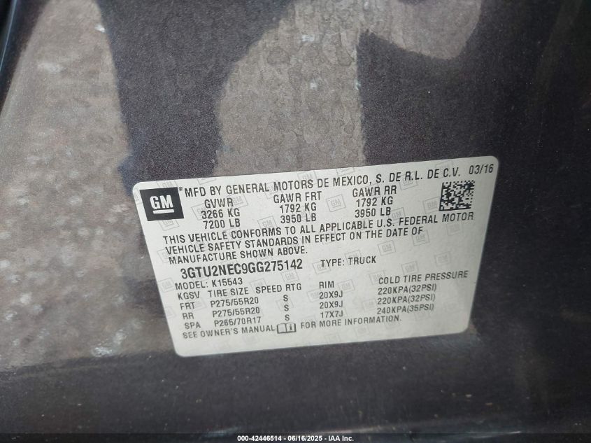 2016 Chevrolet Silverado VIN: 3GCU2NEC9GG275142 Lot: 42446514